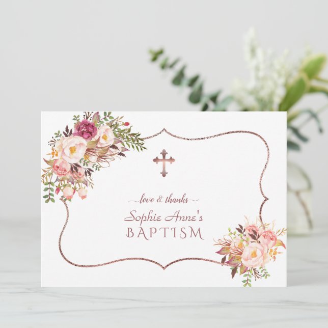 Charm Pink Flowers Rose Gold Cross Baptism  Thank You Card (Standing Front)
