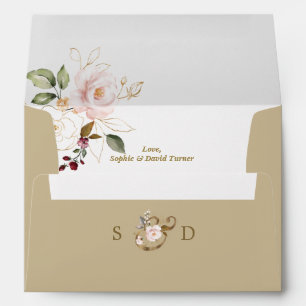 Charm Pink Gold Flowers Monogram Wedding Envelope
