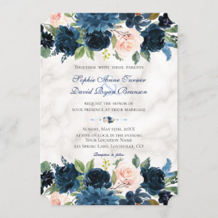 Charm Pink Navy Blue Floral Bloom Marble Wedding Invitation