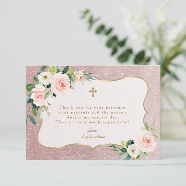 Charm Pink White Floral Rose Gold Glitter Baptism  Thank You Card (Standing Front)