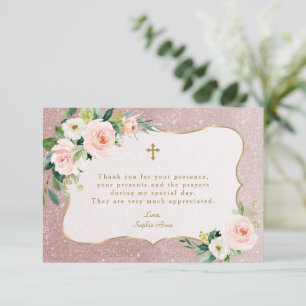 Charm Pink White Floral Rose Gold Glitter Baptism Thank You Card