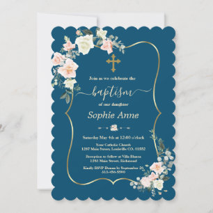 Charm Pink White Flowers Blue Gold Girl Baptism Invitation