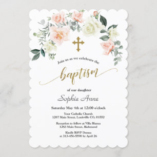 Charm Pink White Flowers Gold Cross Baptism Invitation