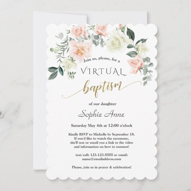 Charm Pink White Flowers Gold Virtual Baptism Invitation (Front)