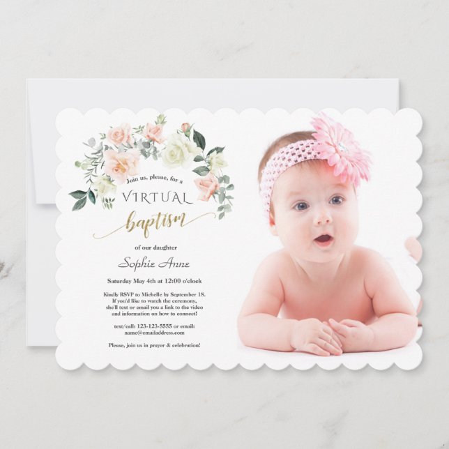 Charm Pink White Flowers Photo Girl Online Baptism Invitation (Front)
