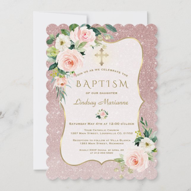 Charm Pink White Flowers Rose Gold Glitter Baptism Invitation (Front)