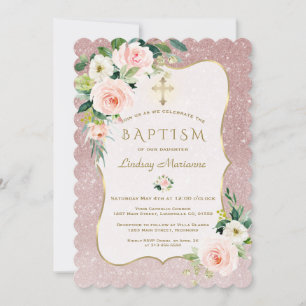 Charm Pink White Flowers Rose Gold Glitter Baptism Invitation