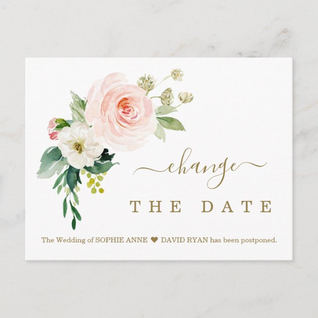 Charm Pink White Flowers Wedding Postponed Postcard (Front)