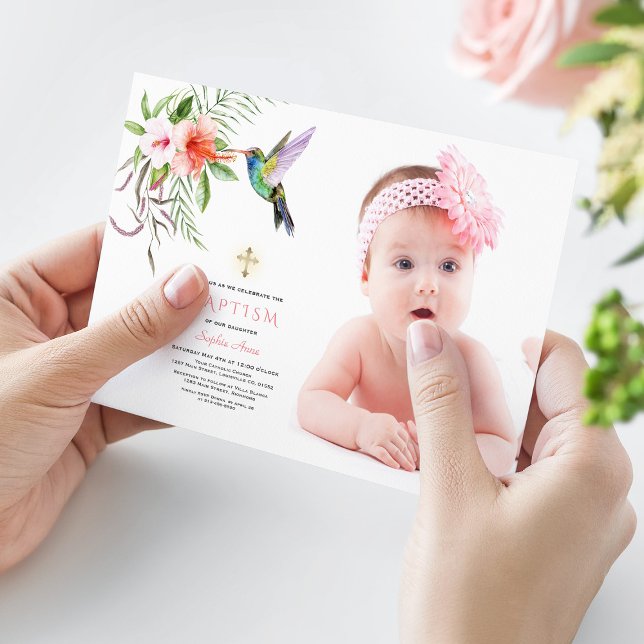 Charm Pink White Hibiscus Photo Girl Gold Baptism  Invitation (Creator Uploaded)