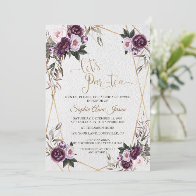 Charm Purple Pink Peony Floral Gold Bridal Shower Invitation (Standing Front)
