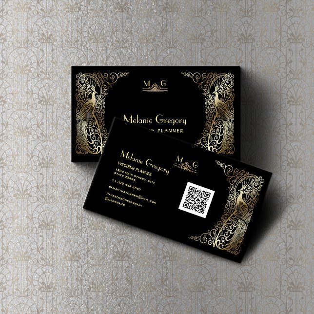 Charm QR Code Gold Art Deco Peacocks Professional  Business Card (Creator Uploaded)