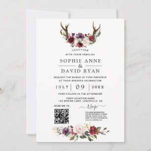 Charm QR Code Watercolour Flowers Antlers Wedding Invitation