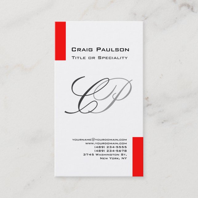Charm Red Black White Grey Monogram Business Card (Front)