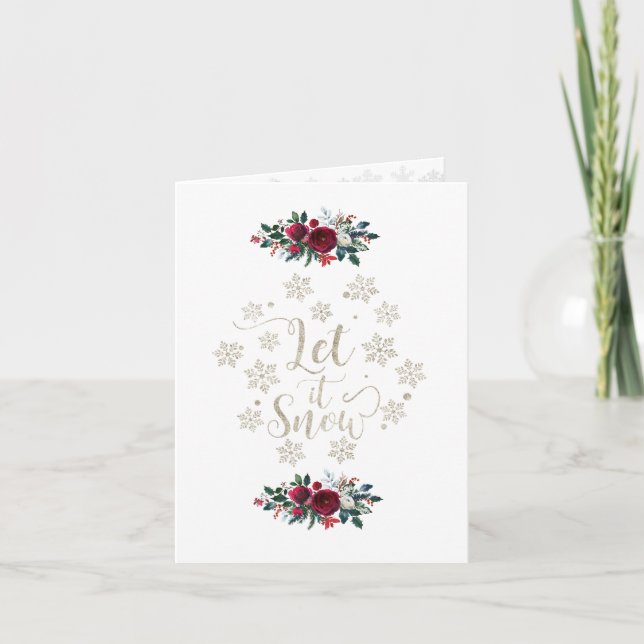 Charm Red Flowers Pine Photo Holiday Let It Snow Invitation (Front)