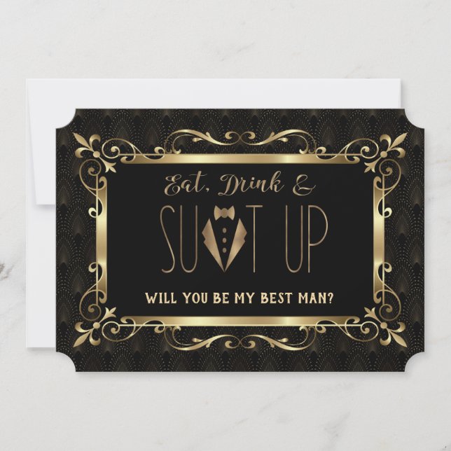 Charm Roaring 20s Gold Art Deco Be my Best Man Invitation (Front)