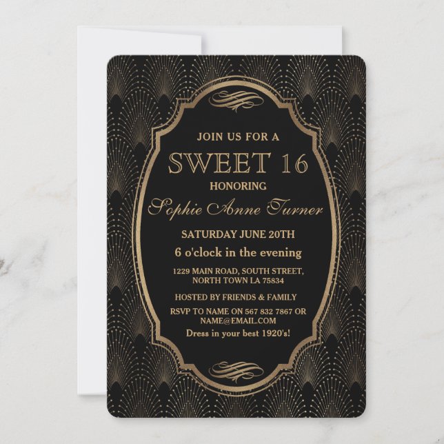 Charm Roaring 20s Great Gatsby Art Deco Sweet 16 Invitation (Front)