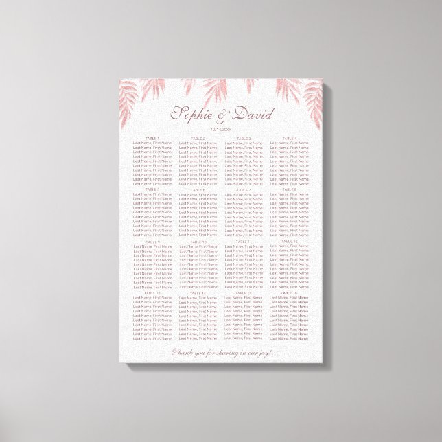 Charm Rose Gold Palm Leaves Wedding Seating Chart Canvas Print (Front)