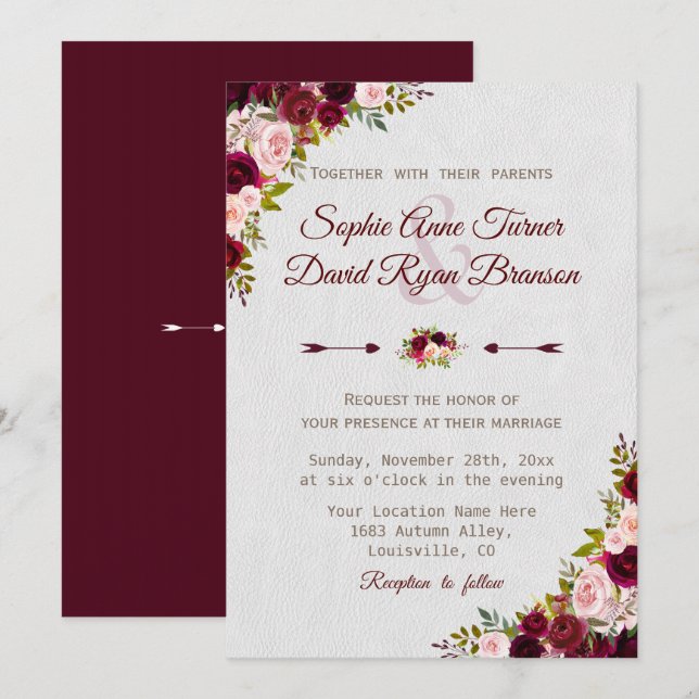 Charm Rustic Burgundy Marsala Floral Wedding Invitation (Front/Back)