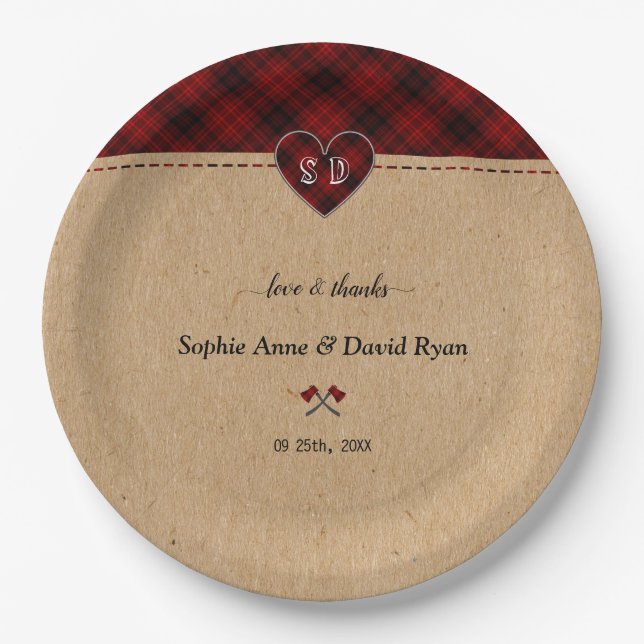 Charm Rustic Red Buffalo Plaid Monogram Wedding   Paper Plate (Front)