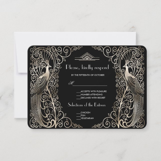 Charm Silver Art Deco Peacocks Wedding RSVP Card (Front)