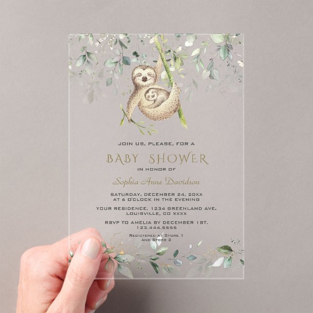Charm Sloths Airy Greenery Gold Boy Baby Shower Acrylic Invitations (Insitu (Handheld))