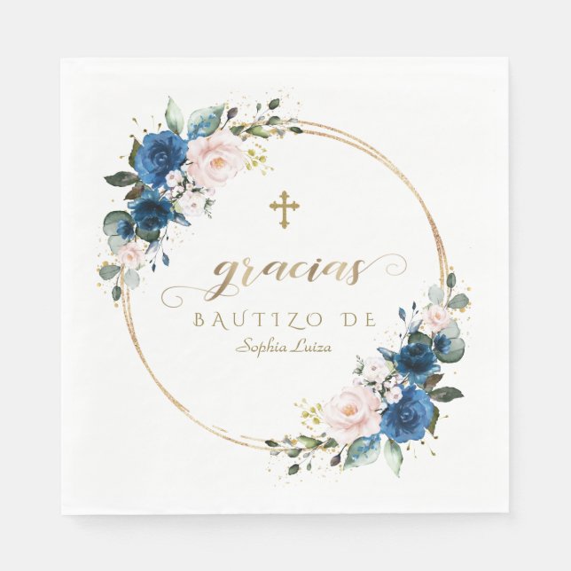 Charm Spanish Blush Blue Flowers Gold Girl Bautizo Napkin (Front)