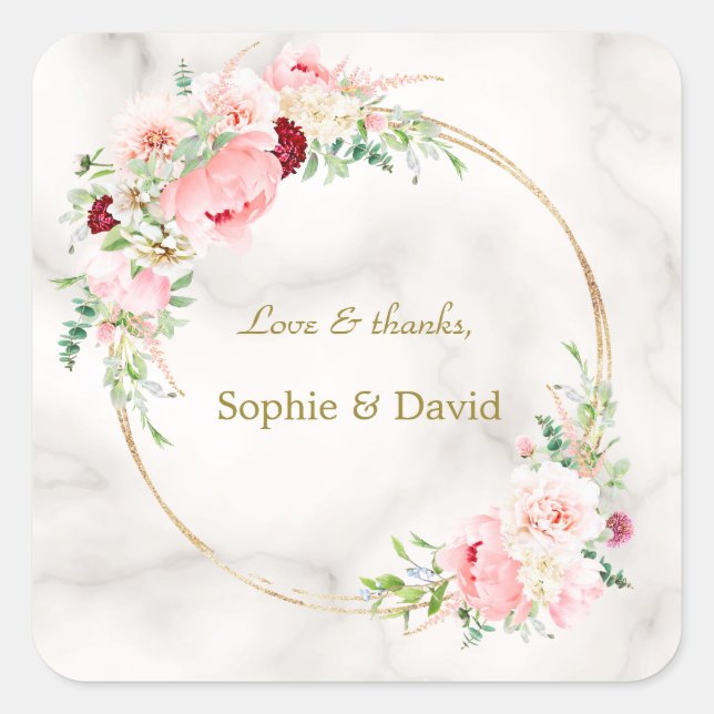 Charm Spring Watercolor Peonies Bloom Gold Wedding Square Sticker (Front)
