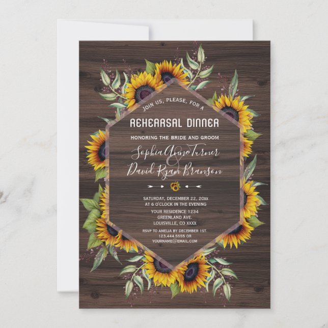 Charm Sunflowers Geometric Wood Rehearsal Dinner Invitation (Front)