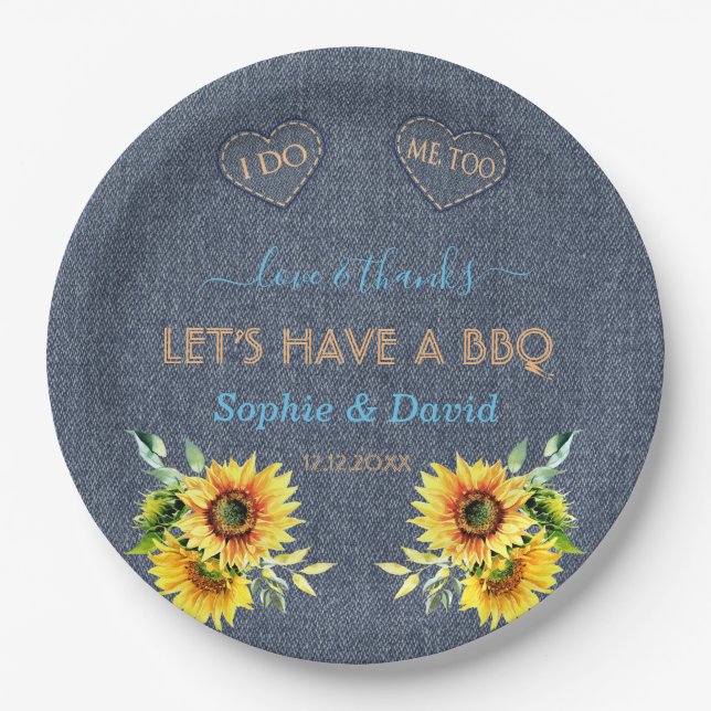 Charm Sunflowers Old Denim Blue Western I DO BBQ Paper Plate (Front)