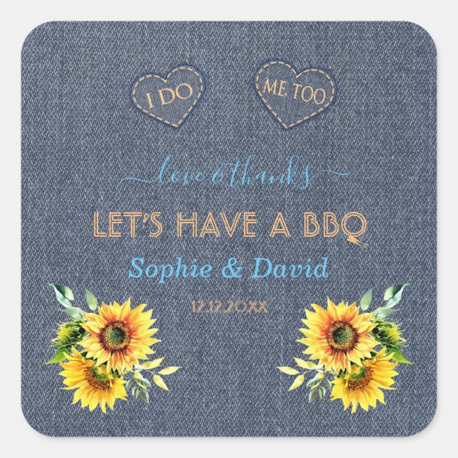 Charm Sunflowers Old Denim Blue Western I DO BBQ Square Sticker (Front)