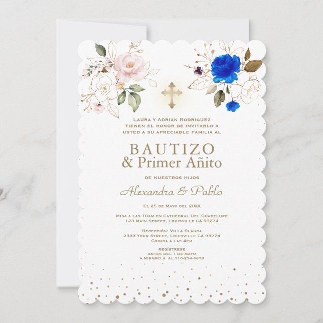 Charm Twins Pink Blue Flowers Primer Añito Bautizo Invitation (Front)