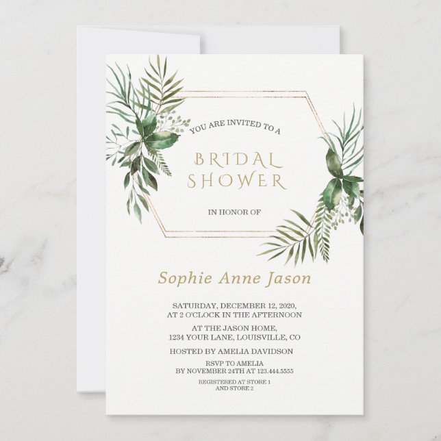 Charm Watercolor Greenery Gold Frame Bridal Shower Invitation (Front)