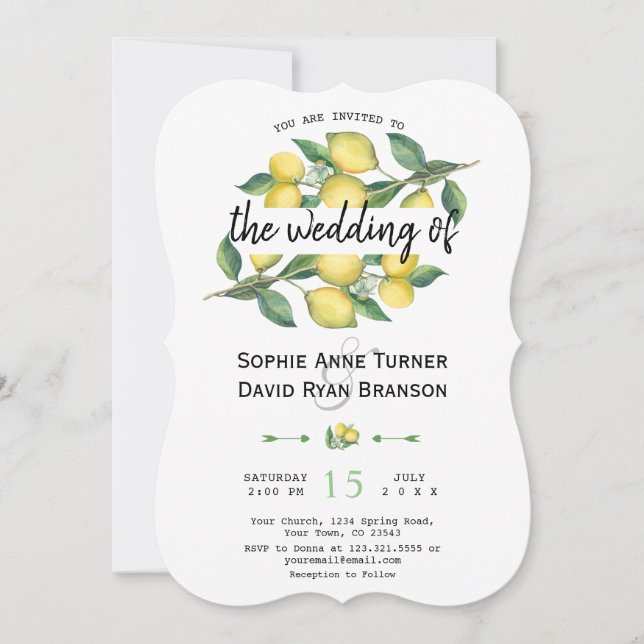 Charm Watercolor Lemon Tropical Wedding Invitation (Front)