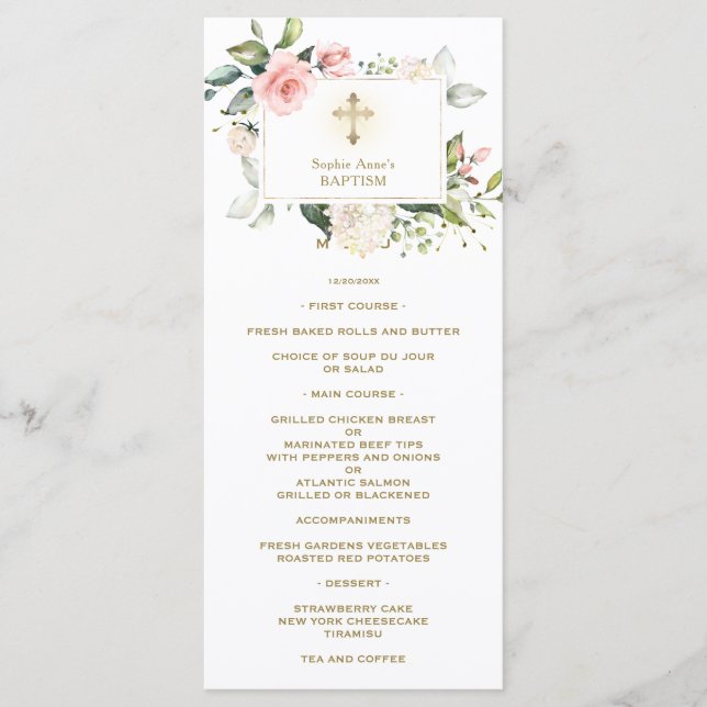 Charm Watercolor Pink Blush Cream Floral Baptism  Menu (Front)