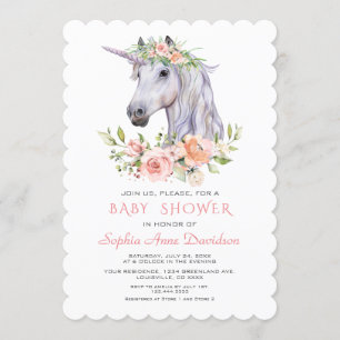 Charm Watercolor Unicorn Pink Floral Baby Shower Invitation