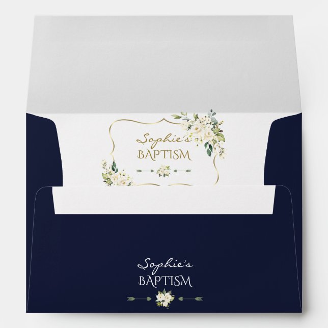 Charm Watercolor White Floral Gold Frame Baptism Envelope (Back (Bottom))