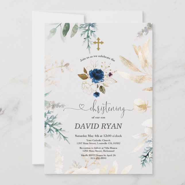 Charm Watercolour Blue Floral Gold Christening Invitation (Front)