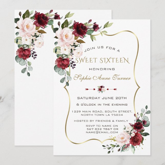 Charm Watercolour Blush Floral Gold Frame Sweet 16 Invitation (Front/Back)