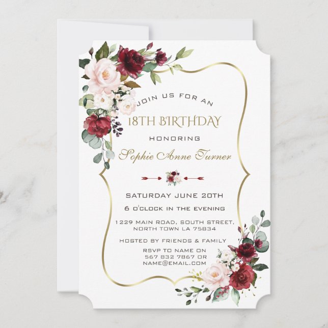 Charm Watercolour Blush Floral Gold Frame Sweet 16 Invitation (Front)
