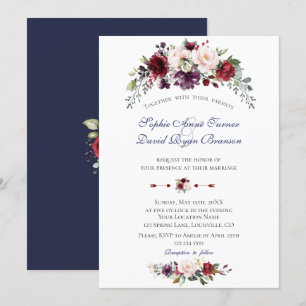 Charm Watercolour Burgundy Blush Flowers Wedding Invitation