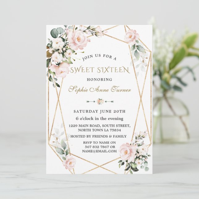 Charm Watercolour Pink Floral Gold Frame Sweet 16 Invitation (Standing Front)