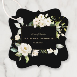 Charm Watercolour White Floral Gold Black Wedding Favour Tags