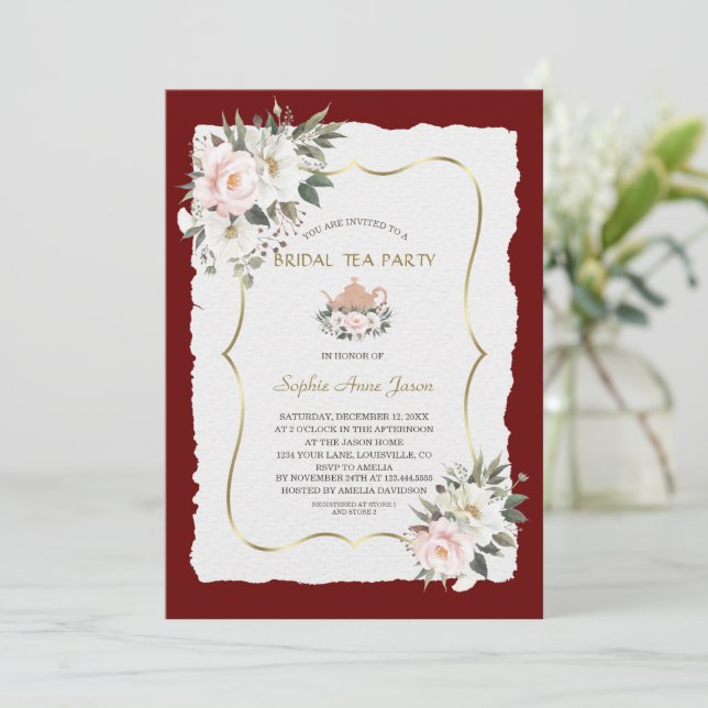 Charm White Blush Floral Gold Bridal Tea Party Invitation (Standing Front)