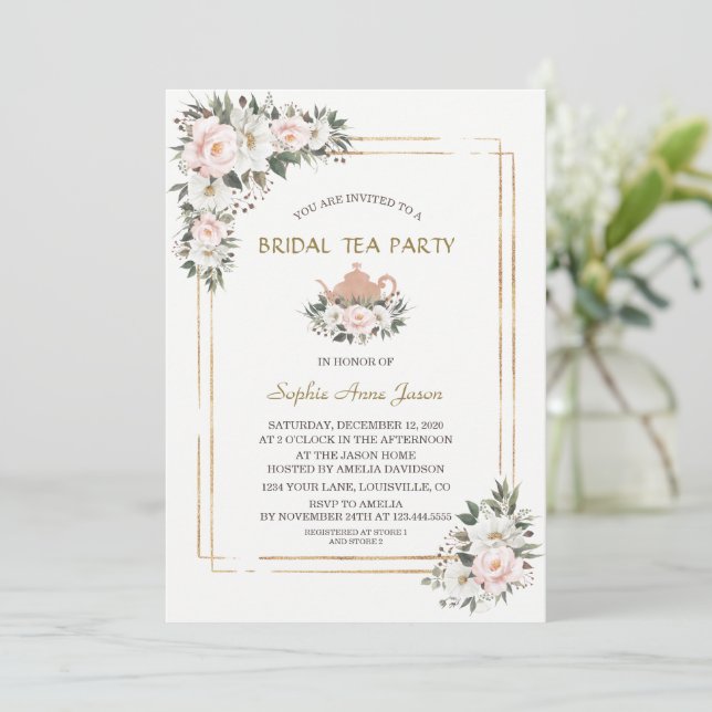 Charm White Blush Flowers Gold Bridal Tea Party  I Invitation (Standing Front)