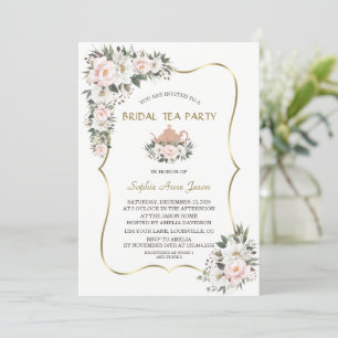 Charm White Blush Flowers Gold Bridal Tea Party  Invitation