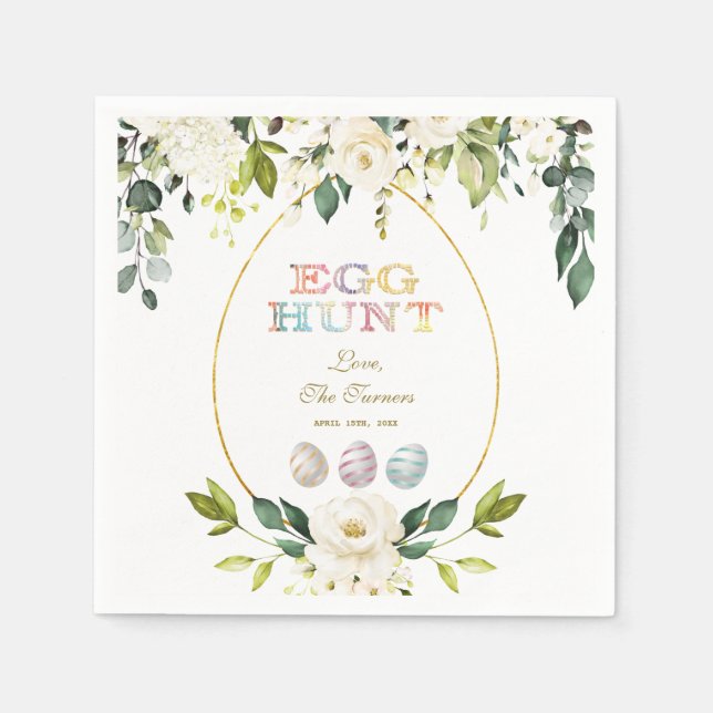Charm White Cream Flowers Egg Hunt Gold Easter Napkin (Front)