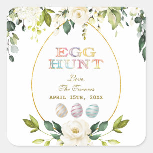 Charm White Cream Flowers Egg Hunt Gold Easter Square Sticker