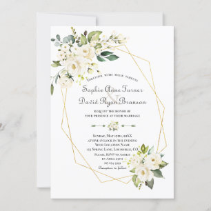 Charm White Cream Flowers Gold Frame Wedding Invitation