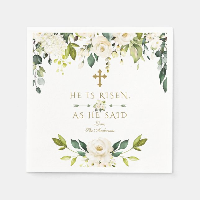 Charm White Cream Flowers He Is Risen Gold Easter Napkin (Front)