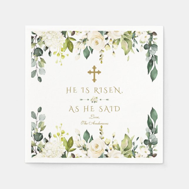 Charm White Cream Flowers He Is Risen Gold Easter Napkin (Front)